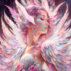 Ethereal creature with pink and white feathered wings in cosmic setting