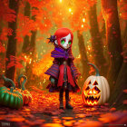 Character with Purple Hair and Green Skin in Autumn Forest with Jack-o'-lanterns