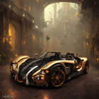 Luxurious Golden and Black Sports Car in Ornate Gothic Hall