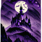 Purple-toned castle on hill at night with full moon and smaller castle among mountains