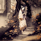 Traditional Japanese woman illustration with blooming flowers on staircase