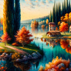 Autumnal landscape painting with colorful trees, lake, house, and mountains.