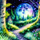 Enchanted forest night scene with castle and cobblestone path