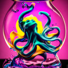 Neon-colored liquid shapes in glass vase on pink backdrop