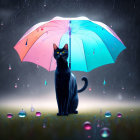 Black Cat with Yellow Eyes Under Colorful Umbrella in Rainy Scene