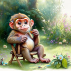 Young monkey with cup on chair in lush garden