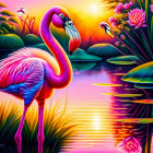 Colorful artwork: Pink flamingo in water with lotus flowers under sunset sky