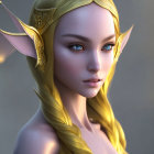 Fantasy elf with golden hair and blue eyes in ornate headpiece.