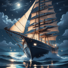 Sailing ship at night under starry sky with crescent moon and green planet