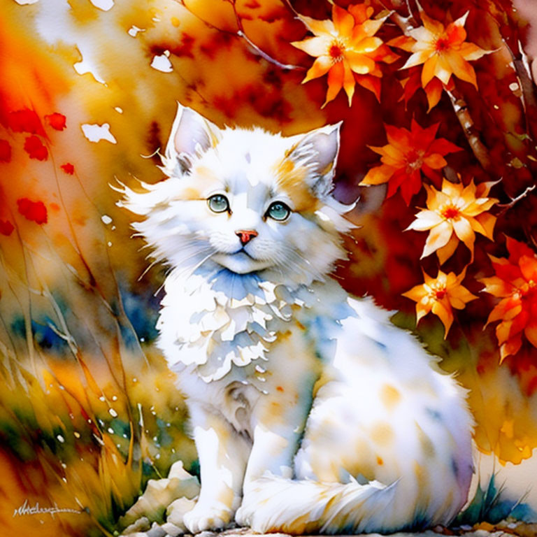 White and Ginger Cat with Blue Eyes in Autumn Leaves