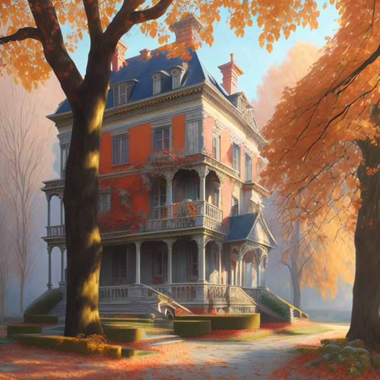 Victorian house surrounded by autumn trees in warm golden light