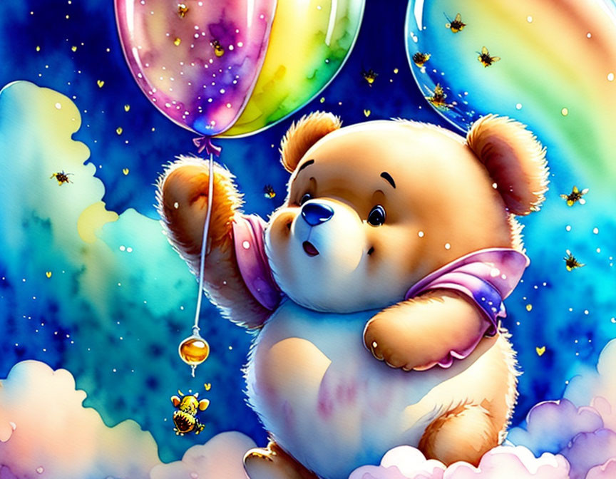 Vibrant teddy bear with balloons, bees, and sparkles on blue background