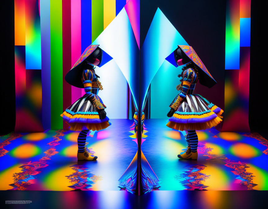 Colorful Costumed Individuals Face Mirror in Striped Room