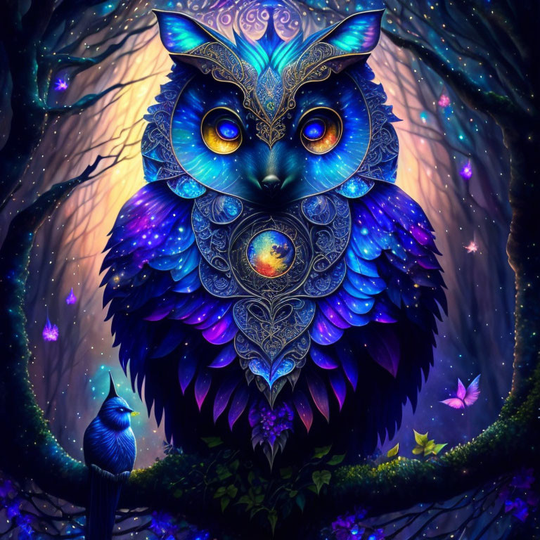 Colorful mystical owl with glowing orb in magical forest.