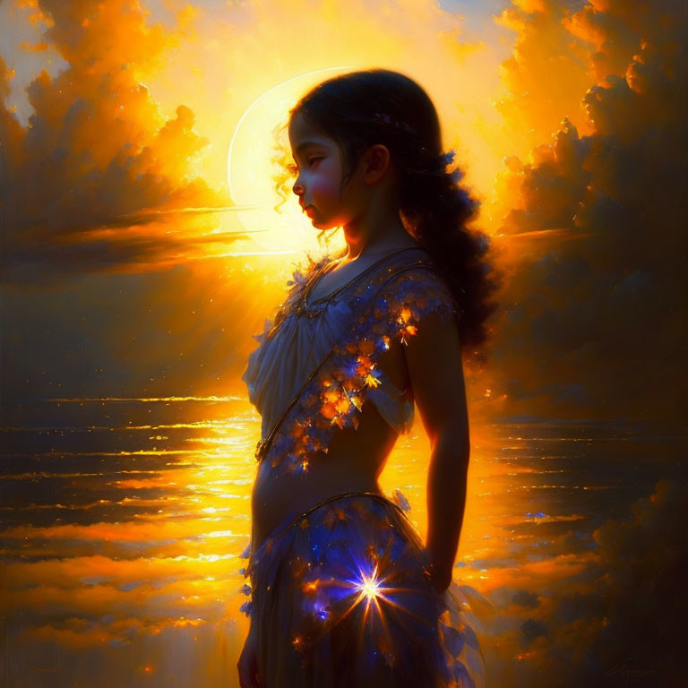 Girl in luminous dress at sunset with haloed sun and golden reflection.