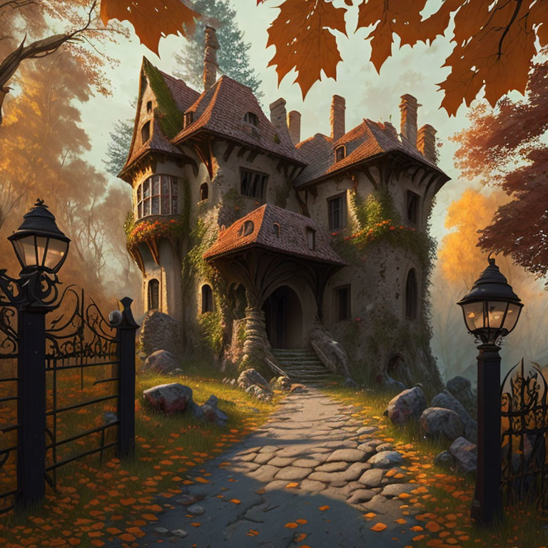 Whimsical stone house in enchanting autumnal scene