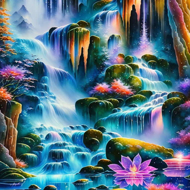 Colorful surreal painting: Cascading waterfall in blues and purples with neon flora and lone silhouette