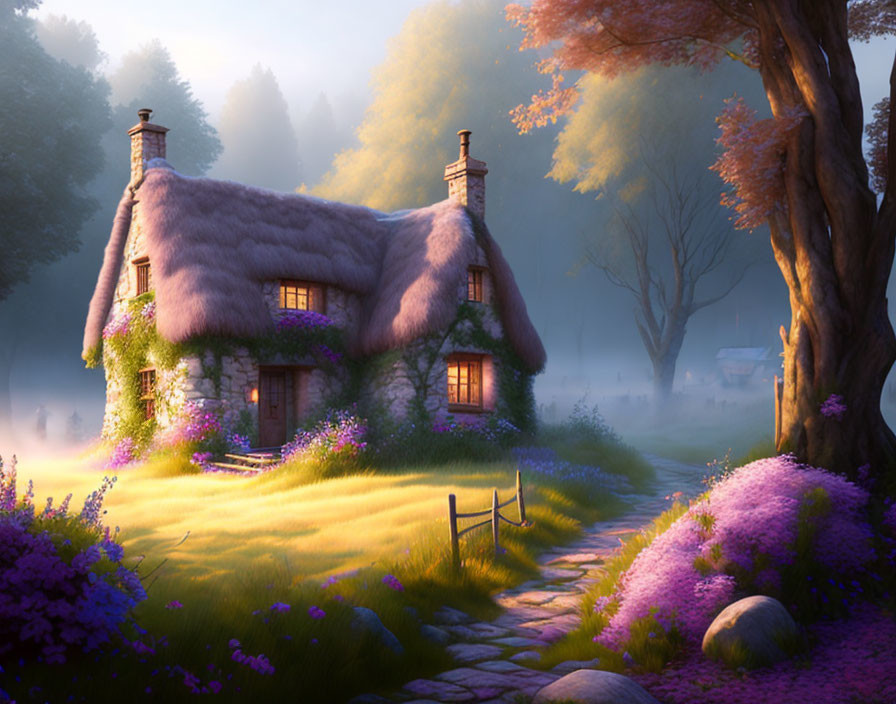 Thatched Cottage Surrounded by Purple Flowers and Golden Light