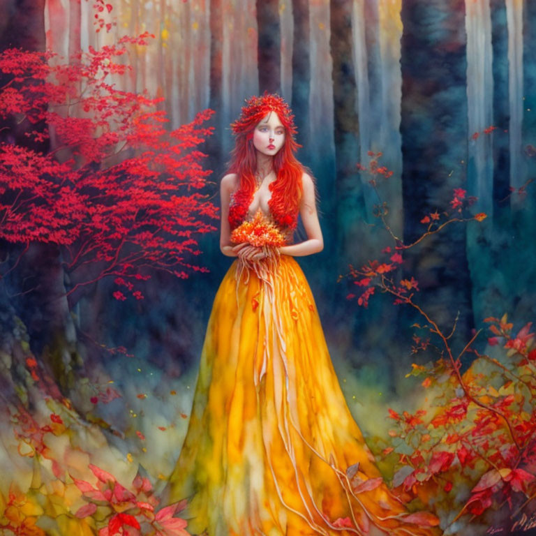 Red-haired woman in leafy forest with autumn bouquet