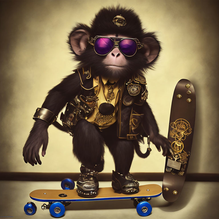 Stylish Monkey in Sunglasses and Jacket with Golden Accessories Next to Skateboard