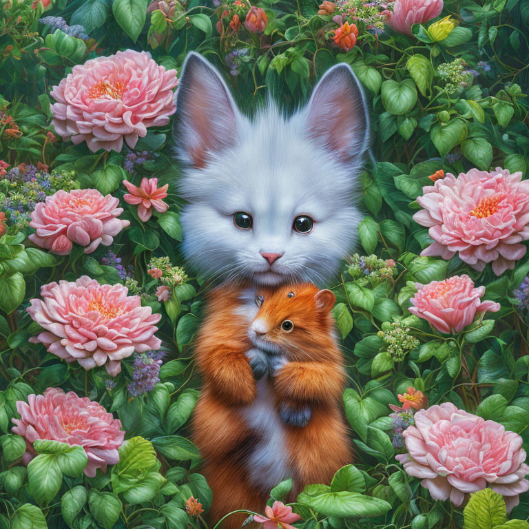 Illustration: Fluffy white kitten embraces ginger kitten in a garden setting