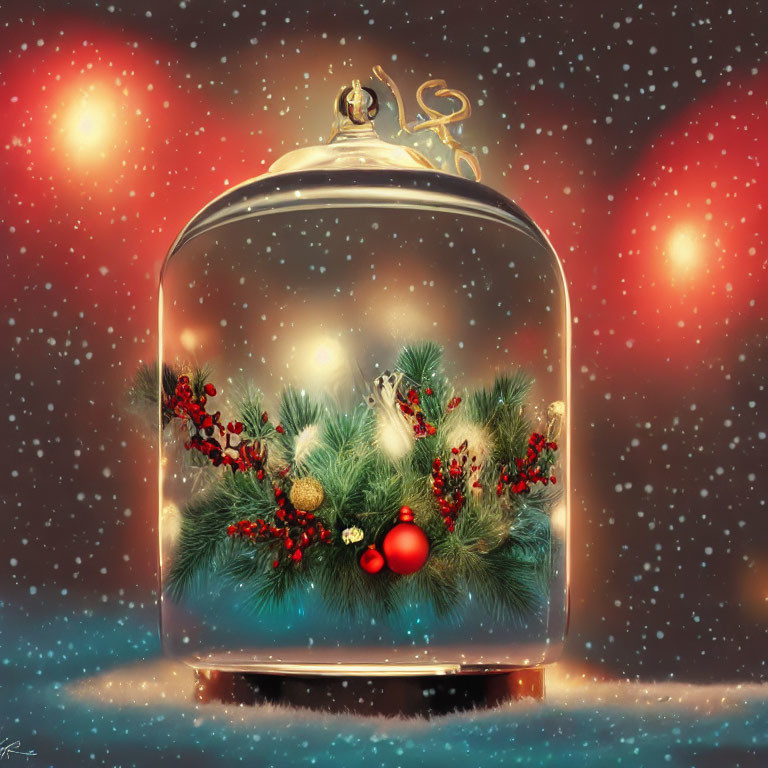 Festive bell jar with evergreen branches, red berries, and ornaments on snowy background