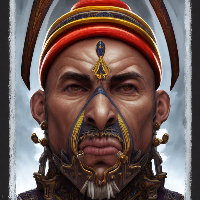 Detailed illustration of man in red and gold turban with stern expression