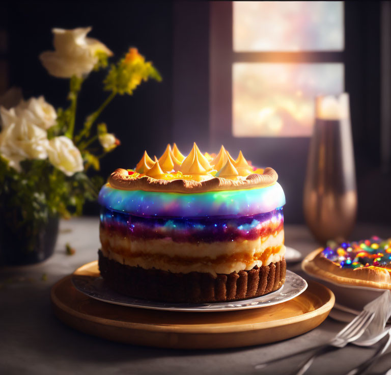 Galaxy-themed cheesecake with sparkling glaze and piped stars on table by window.