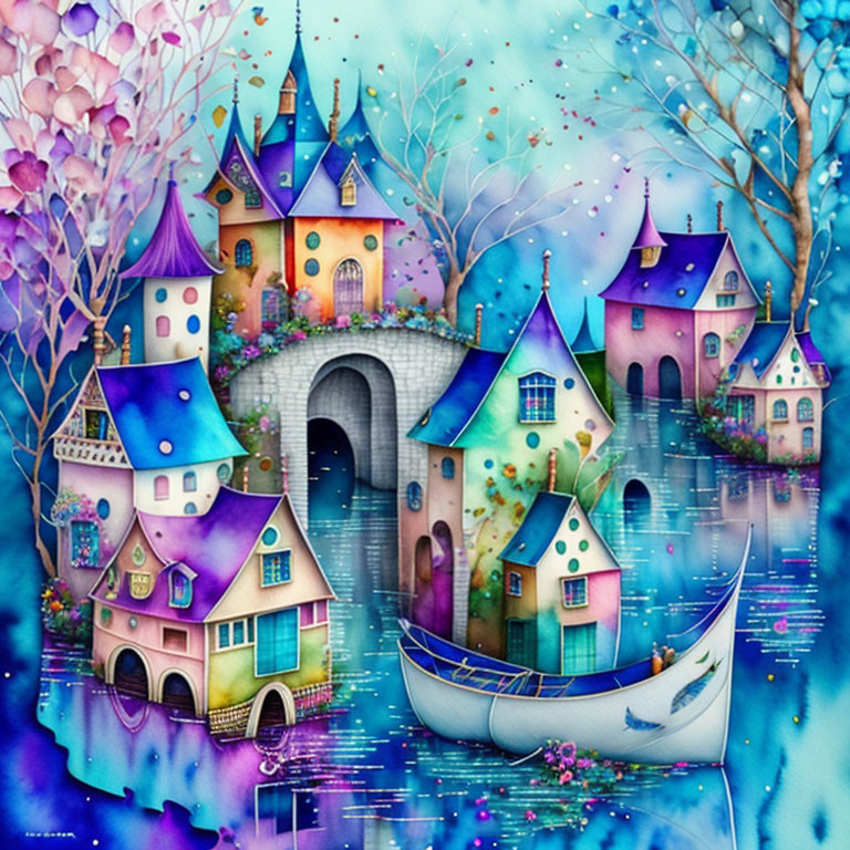 Vibrant fairy-tale village illustration with castles and boat