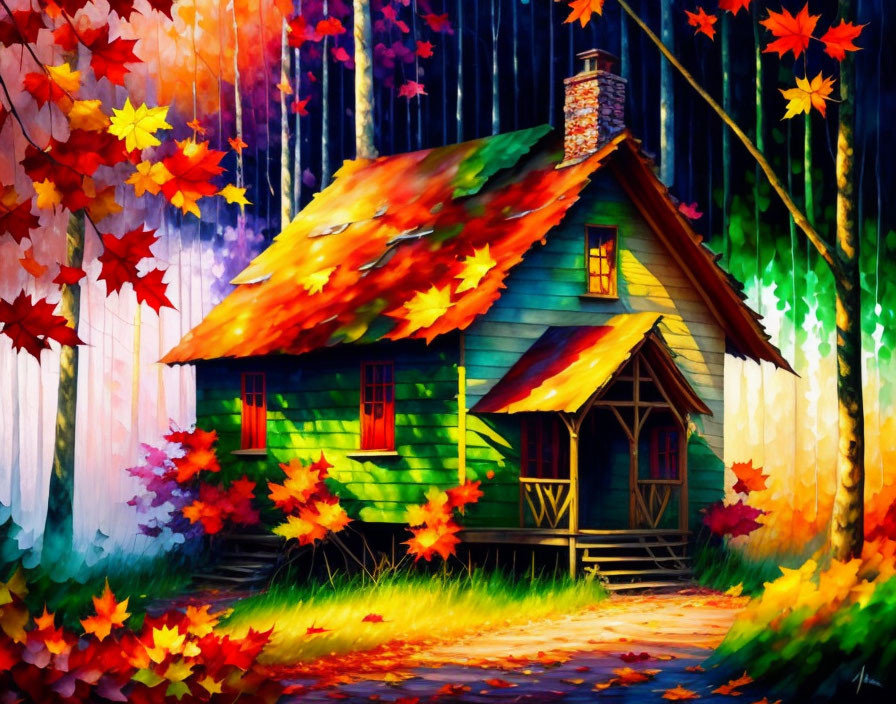 Colorful Autumn Cottage Painting in Forest with Magical Glow