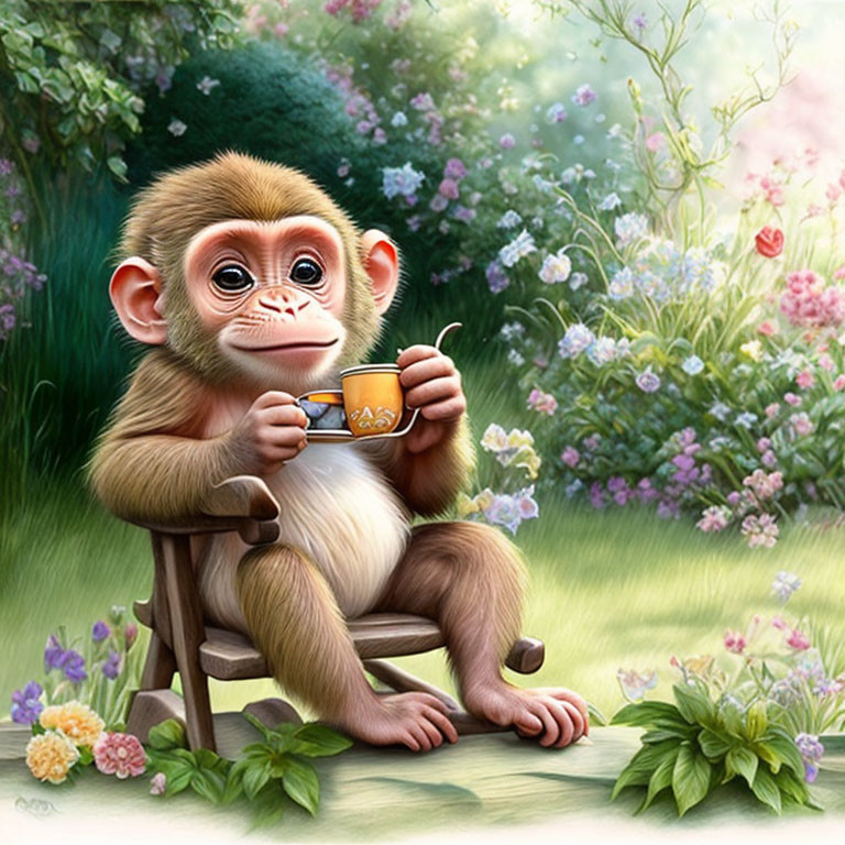 Young monkey with cup on chair in lush garden