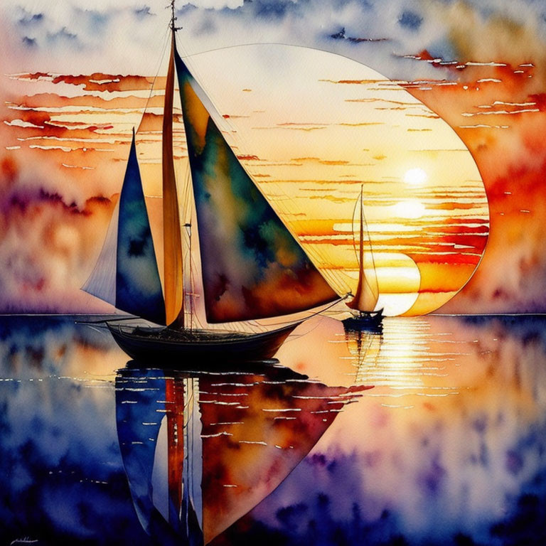 Colorful Watercolor Painting of Sailboats on Still Lake at Sunset