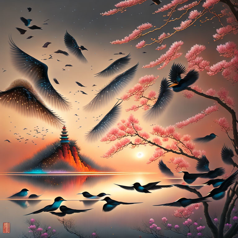 Tranquil island sunset with cherry blossoms and birds