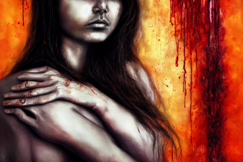 Dramatic portrait of woman with flowing hair against fiery backdrop