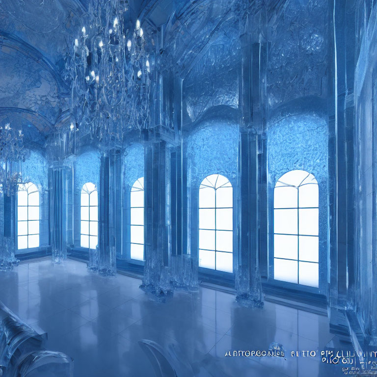 Luxurious Blue Room with Ornate Ceiling and Crystal Chandeliers