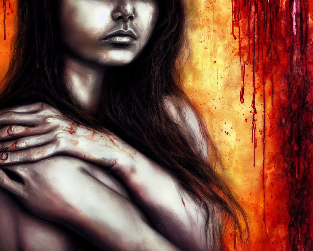 Dramatic portrait of woman with flowing hair against fiery backdrop