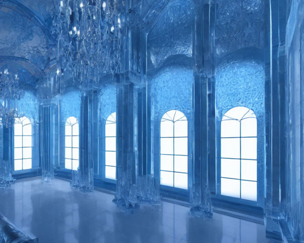 Luxurious Blue Room with Ornate Ceiling and Crystal Chandeliers