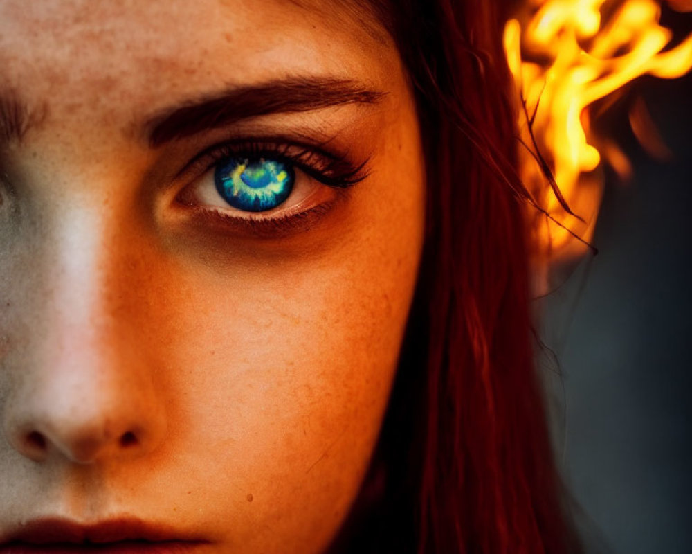 Red-haired person with blue eye reflecting flames on fiery background