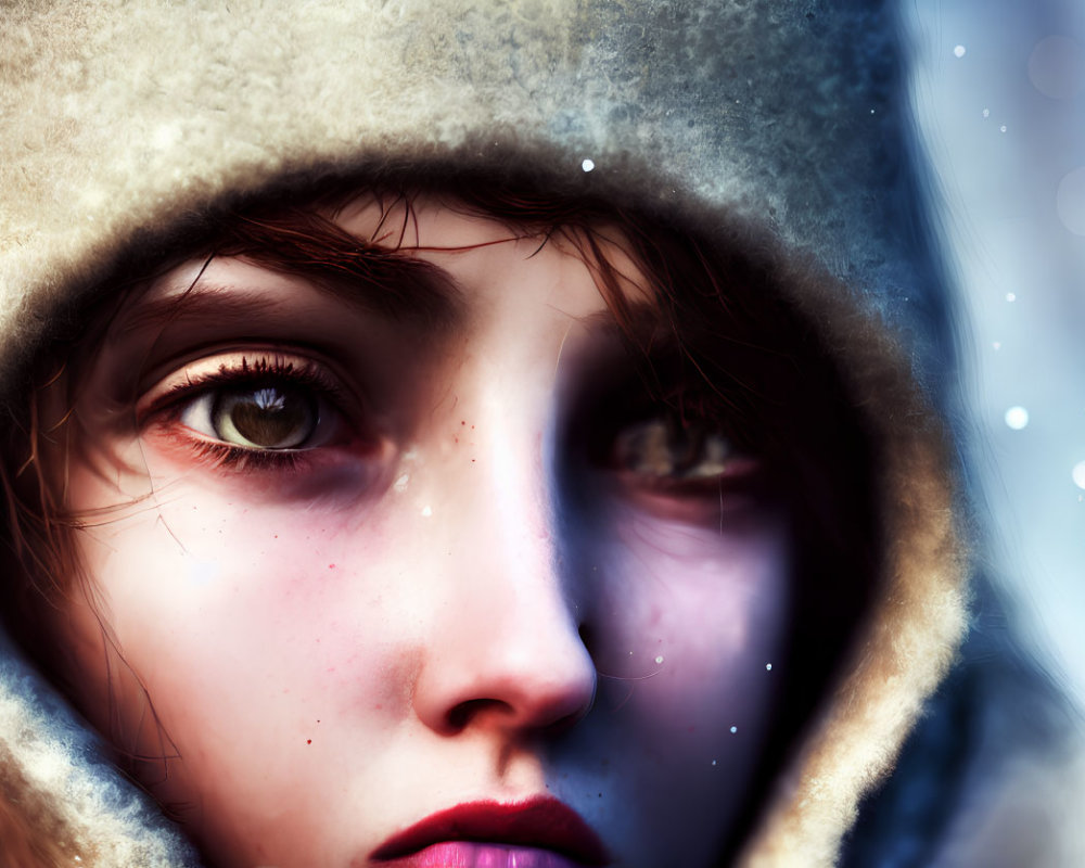 Intense gaze person in hood, snowy backdrop, detailed eyes & snowflakes