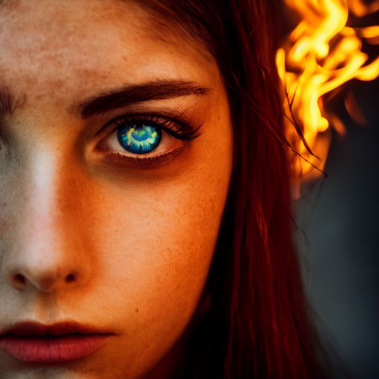 Red-haired person with blue eye reflecting flames on fiery background