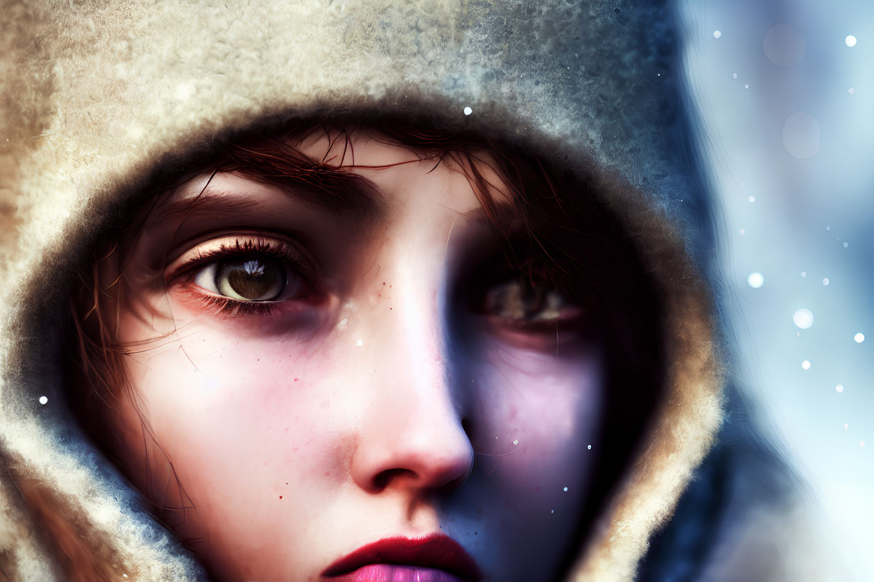 Intense gaze person in hood, snowy backdrop, detailed eyes & snowflakes