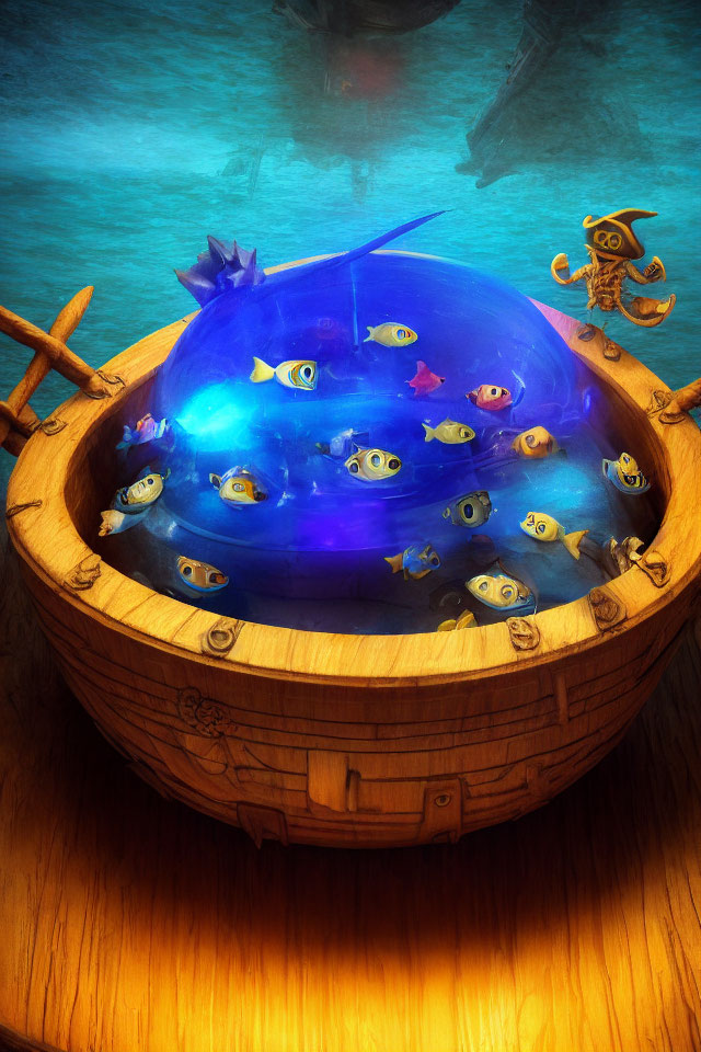 Wooden tub with animated fish bubble and pirate character on floor