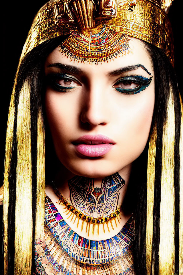 Woman in Cleopatra-like costume with dramatic makeup and golden accessories