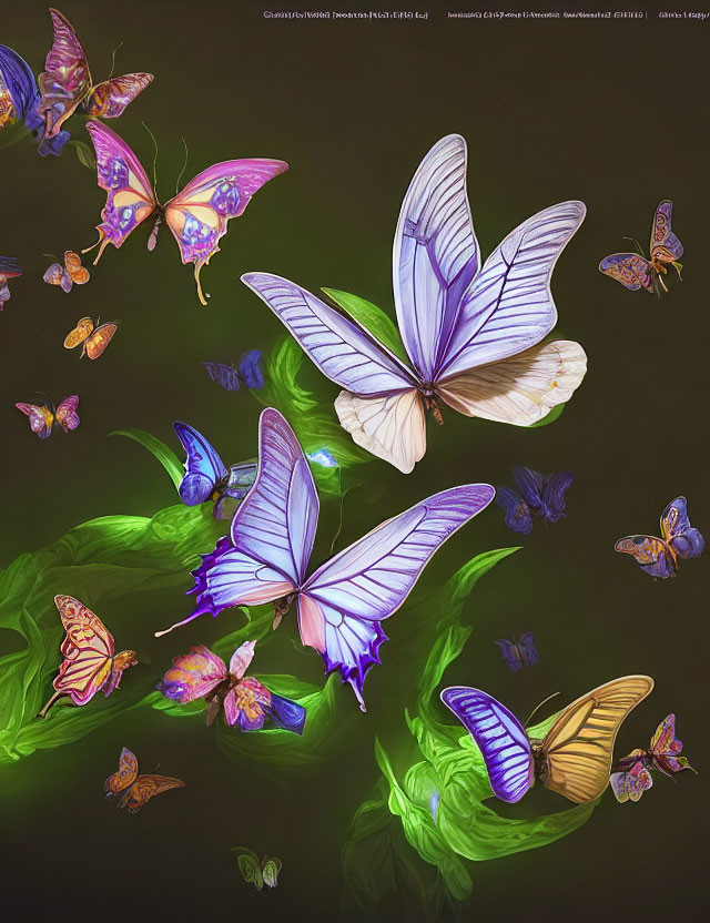 Colorful Purple and White Butterflies Among Green Leaves on Dark Background