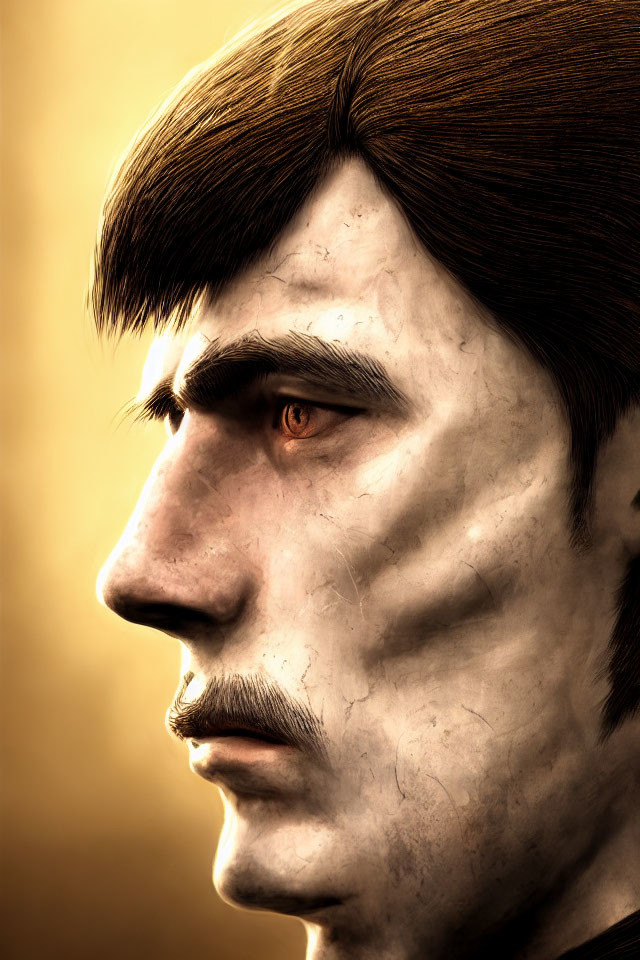 Detailed digital portrait of a man with sharp features and intense brown eyes on a golden chiaroscuro background