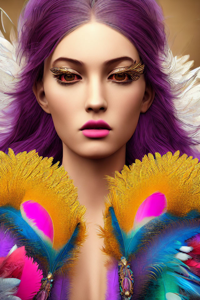 Colorful portrait of woman with vibrant purple hair and feathered eyelashes