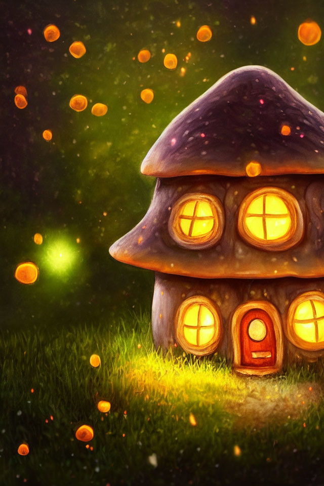 Illustration: Mushroom house in magical meadow at dusk