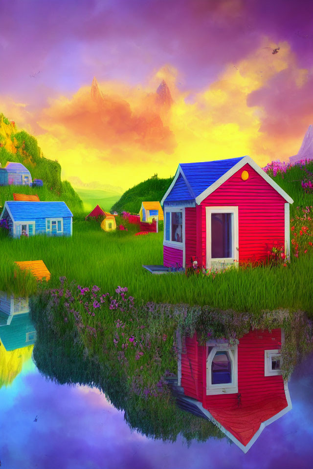 Colorful village by serene lake at sunset with mountains in background