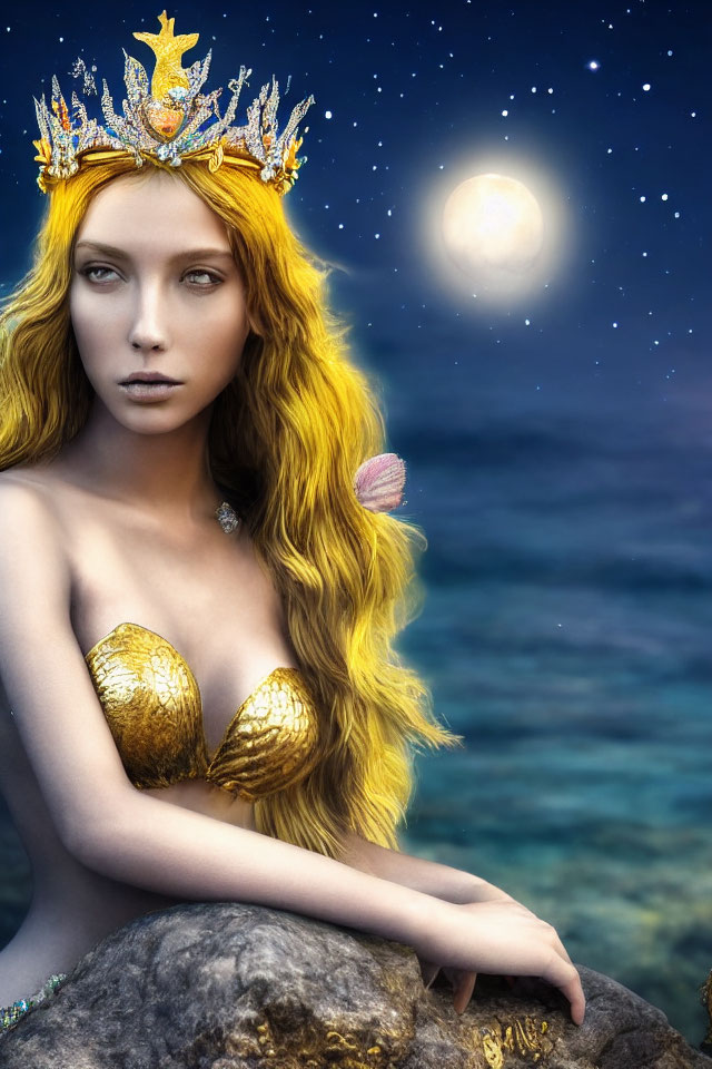 Fantasy portrait of woman in golden mermaid attire under starry night sky