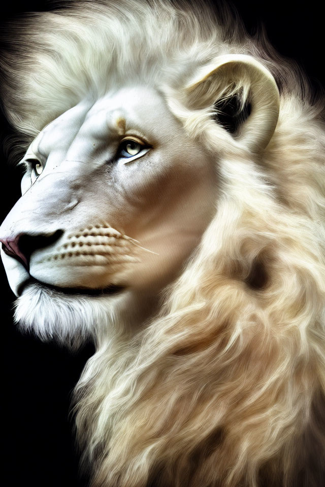 Majestic white lion with prominent mane on dark background